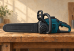 Illustration of an inactive generic chainsaw resting on a workbench with its guide bar fully covered.