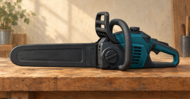 Illustration of an inactive generic chainsaw resting on a workbench with its guide bar fully covered.