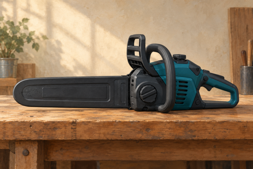Illustration of an inactive generic chainsaw resting on a workbench with its guide bar fully covered.