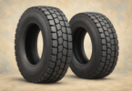 Illustration of two unmounted generic commercial truck tires with deep block-pattern tread.