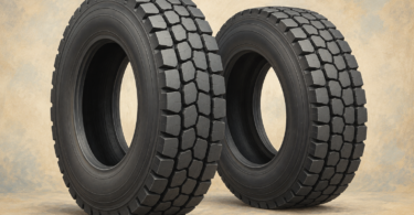 Illustration of two unmounted generic commercial truck tires with deep block-pattern tread.