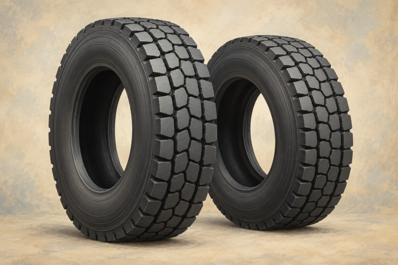 Illustration of two unmounted generic commercial truck tires with deep block-pattern tread.
