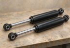 Illustration of two detached generic automotive shock absorbers resting on a clean surface.