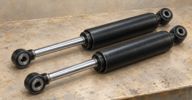 Illustration of two detached generic automotive shock absorbers resting on a clean surface.