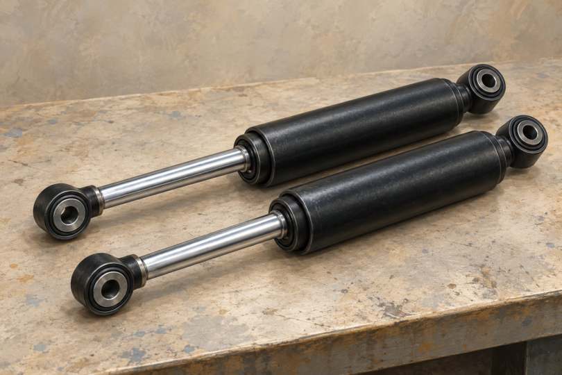 Illustration of two detached generic automotive shock absorbers resting on a clean surface.