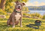 Illustration of a calm pit bull type dog beside a loose leash and treat pouch.
