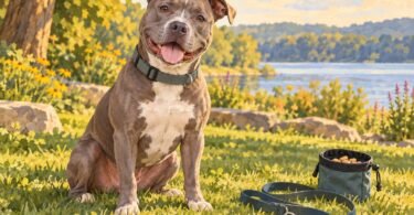 Illustration of a calm pit bull type dog beside a loose leash and treat pouch.