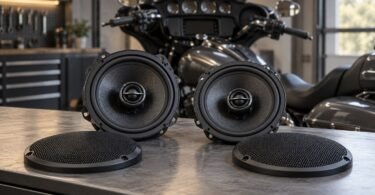 Two generic coaxial speakers and protective grilles on a workbench in front of a parked touring motorcycle.
