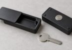 Two generic black magnetic key-storage boxes, one open and one showing its magnet, beside a plain metal key.