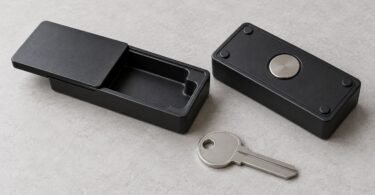 Two generic black magnetic key-storage boxes, one open and one showing its magnet, beside a plain metal key.