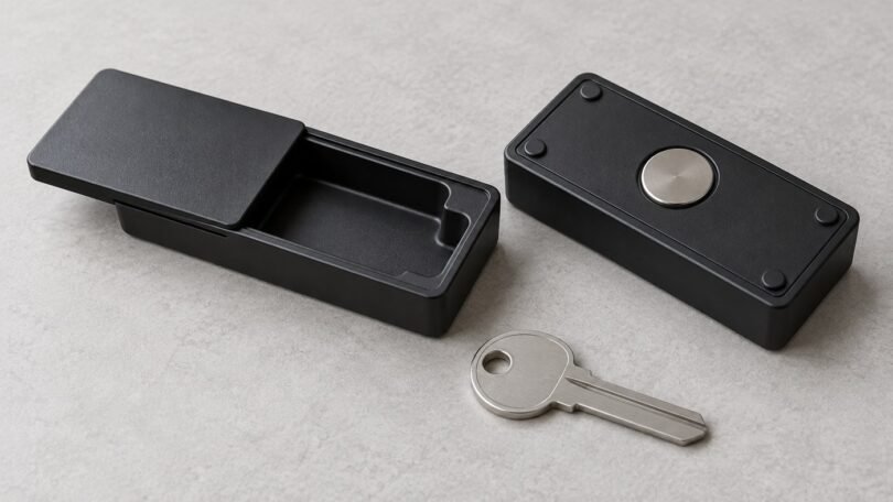 Two generic black magnetic key-storage boxes, one open and one showing its magnet, beside a plain metal key.