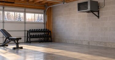 Generic electric heater mounted high on a masonry garage wall with a clear floor area and exercise equipment farther away.