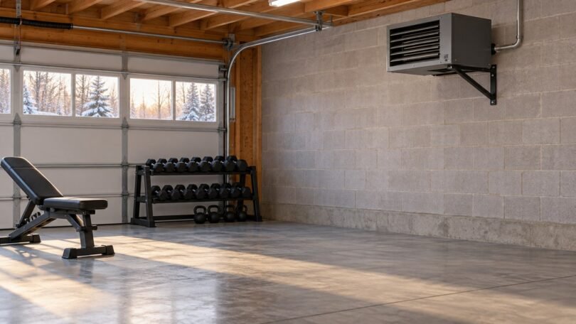 Generic electric heater mounted high on a masonry garage wall with a clear floor area and exercise equipment farther away.