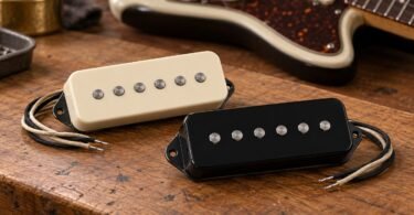 Ivory and black wide single-coil guitar pickups with six pole pieces each on a wooden workbench.