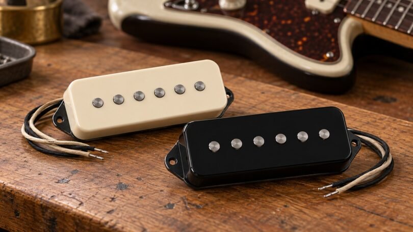Ivory and black wide single-coil guitar pickups with six pole pieces each on a wooden workbench.