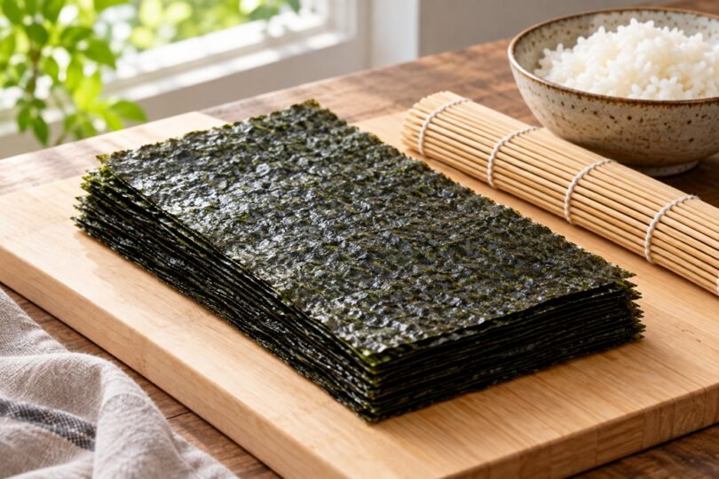 Plain nori sheets beside a bamboo rolling mat and bowl of rice.