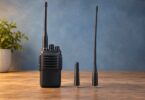Generic handheld radio beside short and long replacement antenna concepts on a wooden tabletop.