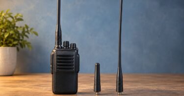Generic handheld radio beside short and long replacement antenna concepts on a wooden tabletop.