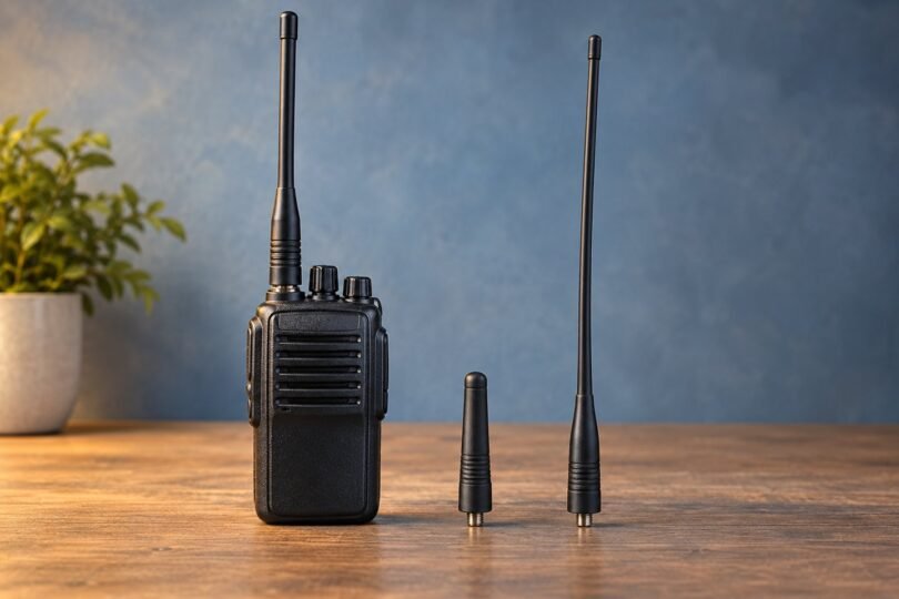 Generic handheld radio beside short and long replacement antenna concepts on a wooden tabletop.