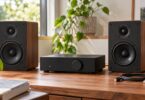 Generic compact stereo amplifier between two bookshelf speakers.