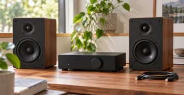 Generic compact stereo amplifier between two bookshelf speakers.