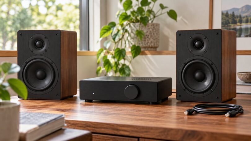 Generic compact stereo amplifier between two bookshelf speakers.