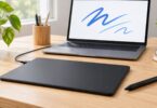 Generic screenless pen tablet and stylus beside a laptop on a desk.