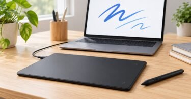 Generic screenless pen tablet and stylus beside a laptop on a desk.