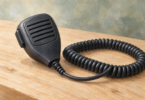 Handheld radio microphone with a coiled cord on a desk.
