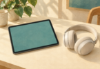 Illustration of a blank-screen tablet beside over-ear headphones.