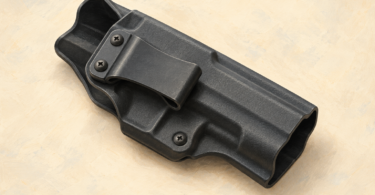 Illustration of a plain empty rigid holster on a neutral surface.
