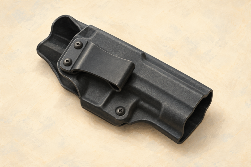 Illustration of a plain empty rigid holster on a neutral surface.