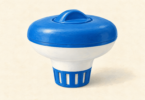 Illustration of a closed generic floating pool dispenser on a plain neutral background.
