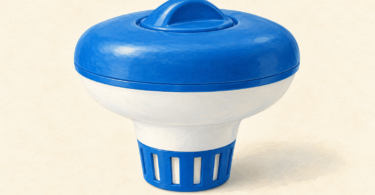 Illustration of a closed generic floating pool dispenser on a plain neutral background.