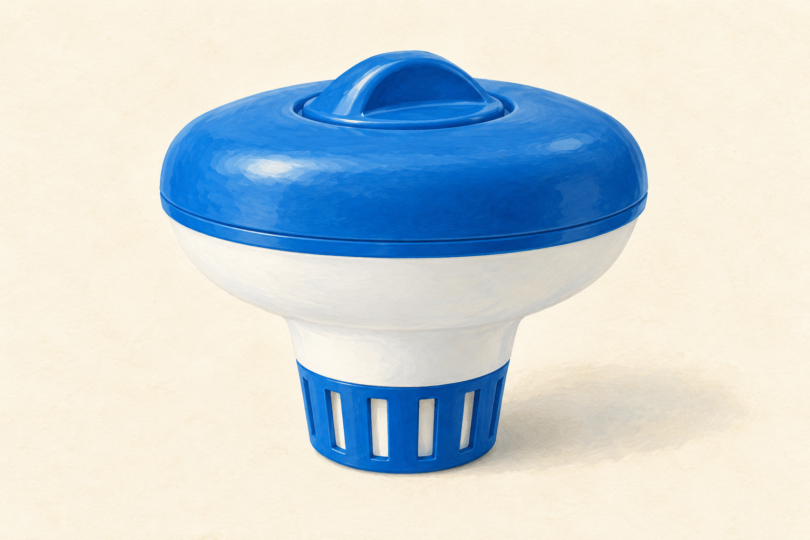 Illustration of a closed generic floating pool dispenser on a plain neutral background.