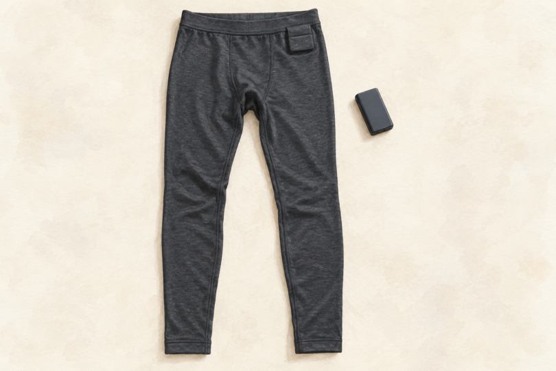 Illustration of plain base-layer pants laid flat beside a separate disconnected battery pack.