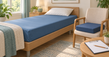 Illustration of a plain covered mattress, a separate seat cushion and a blank care-planning clipboard.
