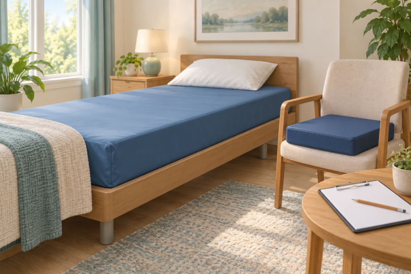 Illustration of a plain covered mattress, a separate seat cushion and a blank care-planning clipboard.
