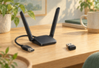 Illustration of a generic dual-antenna USB Wi-Fi adapter beside a small USB dongle.