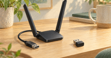 Illustration of a generic dual-antenna USB Wi-Fi adapter beside a small USB dongle.