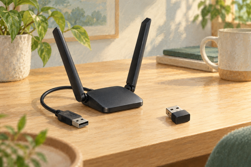 Illustration of a generic dual-antenna USB Wi-Fi adapter beside a small USB dongle.