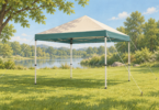 Illustration of a plain four-legged pop-up canopy on grass in calm weather.