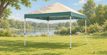 Illustration of a plain four-legged pop-up canopy on grass in calm weather.