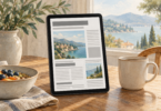 Illustration of a tablet showing an abstract newspaper-style page beside a mug.