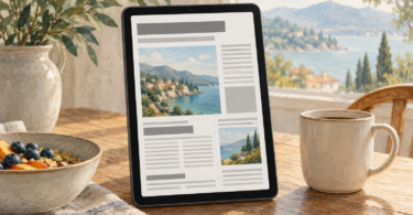 Illustration of a tablet showing an abstract newspaper-style page beside a mug.