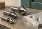 Illustration of conical countersink cutters beside an aluminum workpiece.