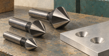 Illustration of conical countersink cutters beside an aluminum workpiece.