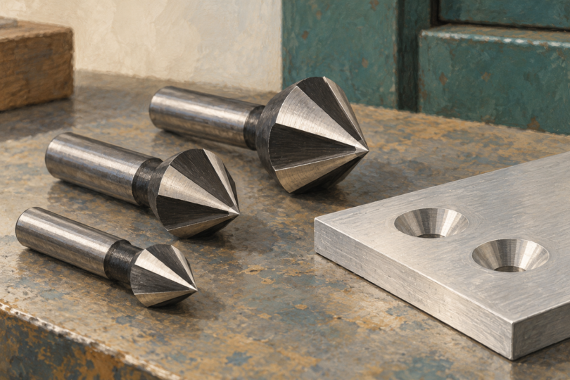 Illustration of conical countersink cutters beside an aluminum workpiece.