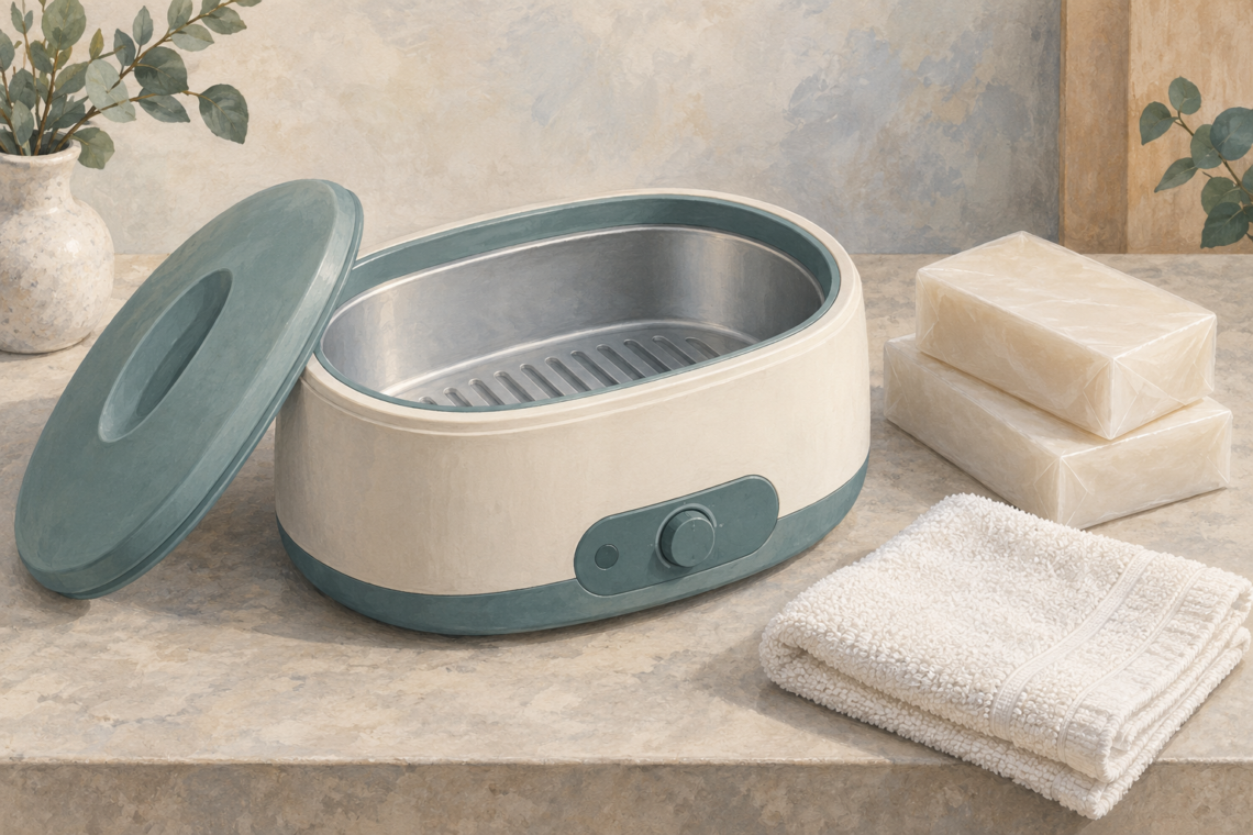 Illustration of an empty generic paraffin bath beside wrapped wax blocks and a folded towel.