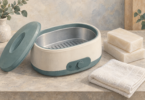 Illustration of an empty generic paraffin bath beside wrapped wax blocks and a folded towel.